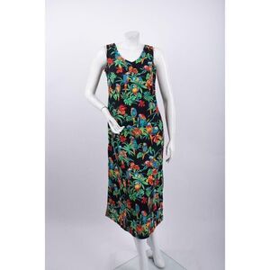 Vintage Hilo Hattie Muumuu Dress Tropical Parrots Women's Small Black Cotton Sle